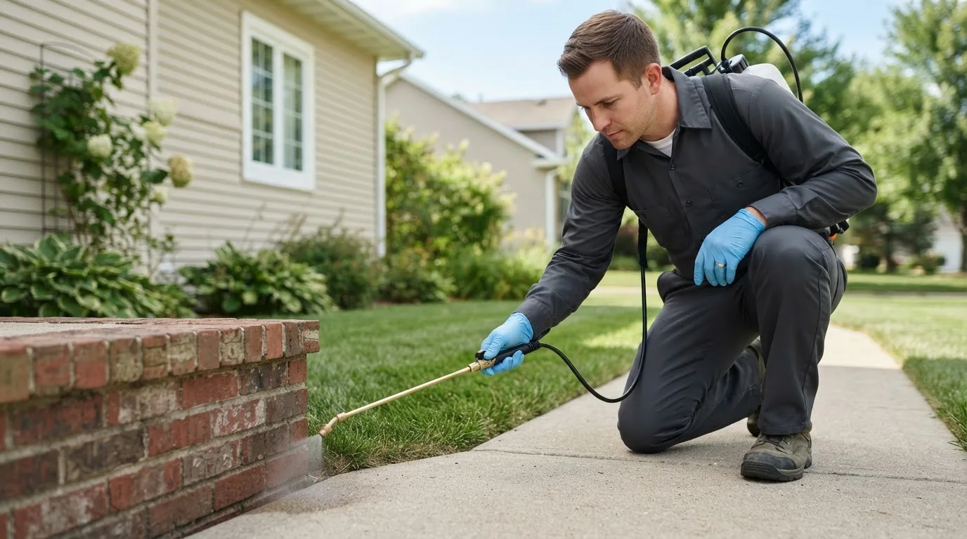 Pest control technician treating a home near Bellflower, MO